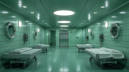 A new modern morgue in a hospital setting, designed with sleek surfaces, clinical equipment, and advanced refrigeration units.