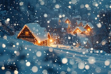 Snow covered peaceful village in winter night. - obrazy, fototapety, plakaty