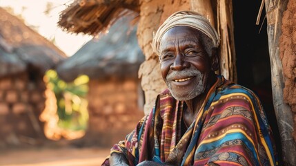 portrait of a smiling old african man in traditional clothes sitting in a traditional african...