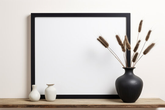 A black frame with a white background sits on a wooden shelf