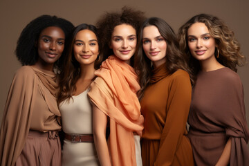 Obraz premium A group of women are posing for a photo, all wearing different colored dresses