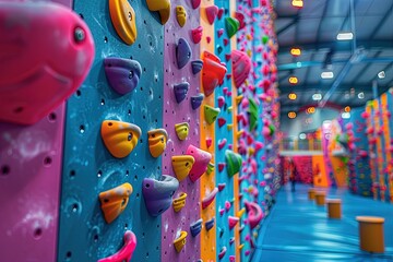 A colorful indoor climbing wall.	