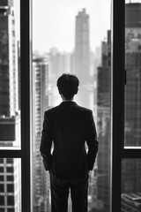 Fototapeta premium A man in a suit stands in front of a window looking out at the city