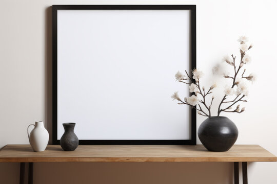 A black framed white picture sits on a wooden table