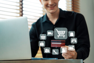 Customer open hologram graphic interface controlling device choosing online platform. Smart...
