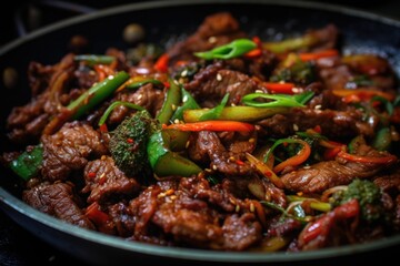 A plate of stir fry with meat and vegetables