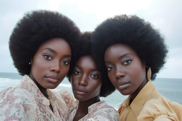 Three women with afro hair pose for a picture