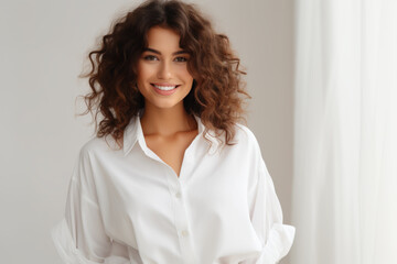 Fototapeta premium A woman with curly hair is smiling and wearing a white shirt