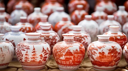 locally patterned red design adorns a white vase, blending traditional aesthetics with vibrant colors to create an eye-catching decorative piece.
