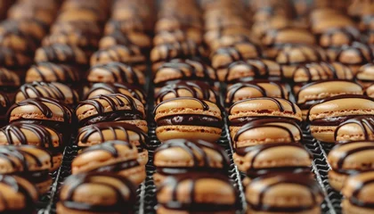 Poster appetizing freshly made dessert french macarons covered with chocolate on a metal mesh © Salander Studio