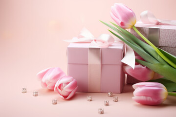 A pink box with a ribbon sits on a table next to a bouquet of pink tulips