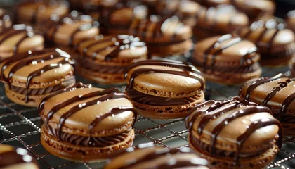 Photo sur Plexiglas Macarons appetizing freshly made dessert french macarons covered with chocolate on a metal mesh