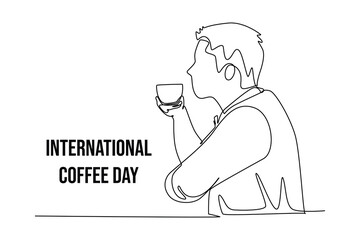 Simple continuous line drawing icon international day of coffee banner and icon. Picture of Man drinking a coffee. Simple line. International coffee day minimalist concept.