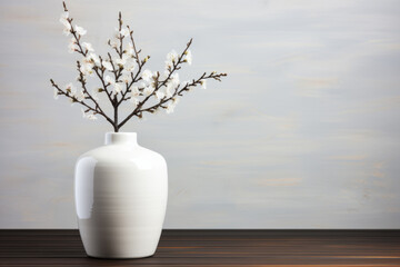 A white vase with a branch of white flowers in it sits on a wooden table