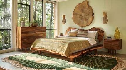 Immerse yourself in this biophilic bedroom design that blends rustic charm with serene forest views - obrazy, fototapety, plakaty