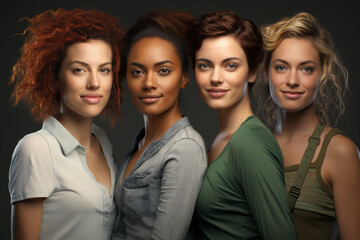 Fototapeta premium Four women with different hair colors and styles are posing for a photo