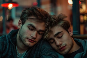 Fototapeta premium Two young men sitting together, heads resting on shoulders, depicting close friendship or romantic relationship, ideal for themes of companionship, support, love, coming-of-age, and togetherness.