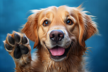 A dog with a wagging tail and a pink tongue is smiling and looking at the camera