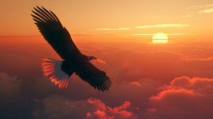 a big eagle flying in the front of more big sunset view