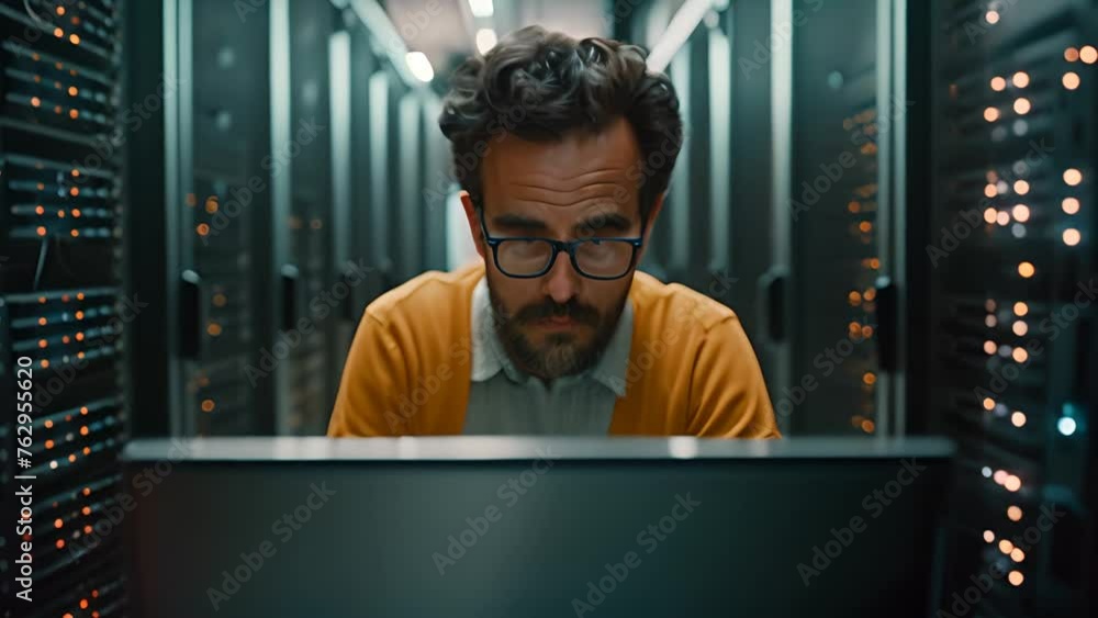 Poster it guy in server room troubleshooting and fixing issues generative ai