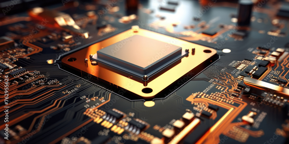 Poster a close up of a computer chip with a gold colored surface