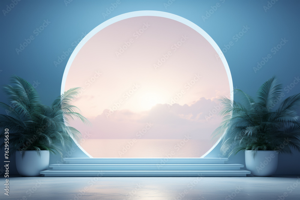 Poster a large circular window with a view of the ocean and a sunset