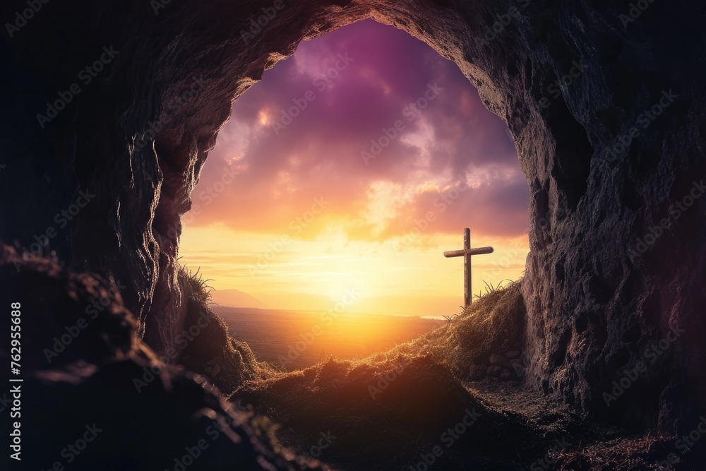 Poster a cross is in a cave with a sunset in the background