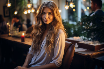 A woman with long hair is sitting at a table in a restaurant