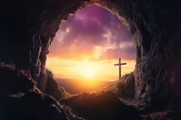 A cross is in a cave with a sunset in the background - obrazy, fototapety, plakaty