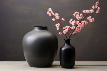 Two vases, one black and one white, with pink flowers in them