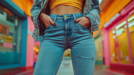 Fototapeta na wymiar A wide photo, a hip of cute girl with slim body wearing blue color jeans in a background with neon color ambience night club background