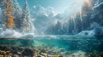 A split photo showing both above snow scene and below water