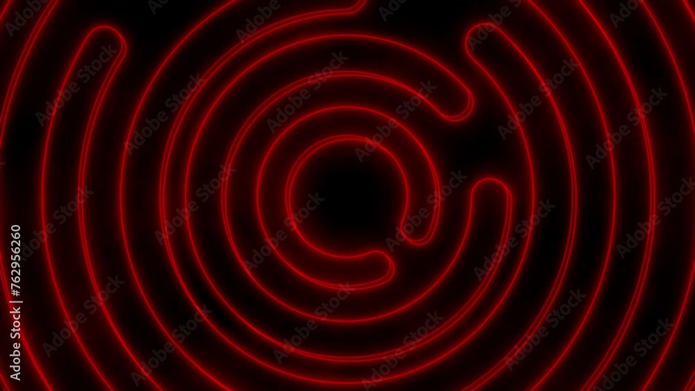 Poster red abstract animated background with rotating flickering neon crimson colored labyrinth and concent