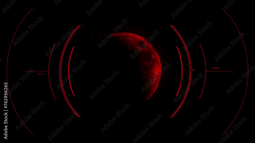 Poster hud display scanner engages lunar trajectory of red half moon with circular target. motion graphic f