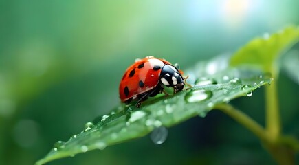 Ladybug and ladybird on leaves and grass in nature's beauty