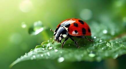 Ladybug and ladybird on leaves and grass in nature's beauty