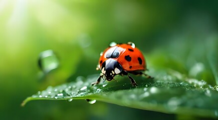 Ladybug and ladybird on leaves and grass in nature's beauty