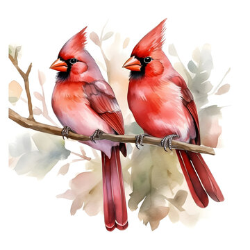 Clipart illustration male and female cardinals sitting on the Branch on white background. Suitable for crafting and digital design projects.[A-0002]
