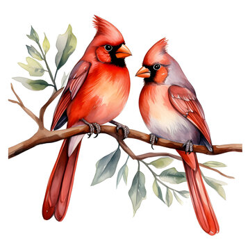 Clipart illustration male and female cardinals sitting on the Branch on white background. Suitable for crafting and digital design projects.[A-0001]