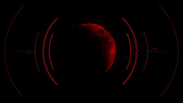 Hud display scanner engages lunar trajectory of red half moon with circular target. Motion graphic for cyber and sci-fi technology concept
