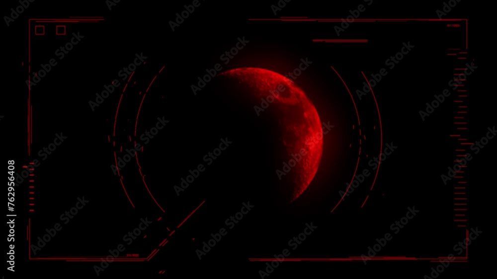 Poster futuristic red hud display with red half moon in target. motion graphic for cyber and sci-fi technol