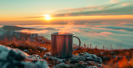 Steaming Coffee in Steel Mug on a Mountain Top with a Beautiful Sunrise Sunset. Room for Copy Text.