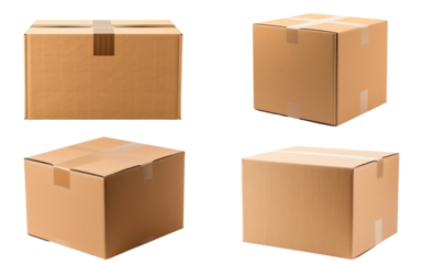 Set pf boxes parcels or cardboard from various side for packaging isolated on transparent png background, open and close carton.