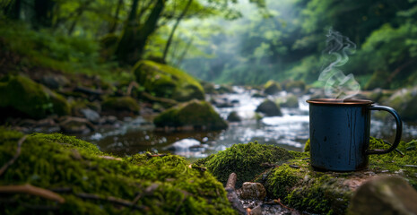 Steel Coffee Cup Mug in a Green Forest next to a Stream River and Waterfall. Room for Copy and Text.