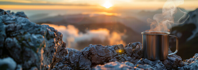 Steaming Coffee in Steel Mug on a Mountain Top with a Beautiful Sunrise Sunset. Room for Copy Text.