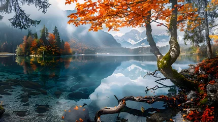 Fototapeten Beautiful autumn scene of Hintersee lake © MistoGraphy