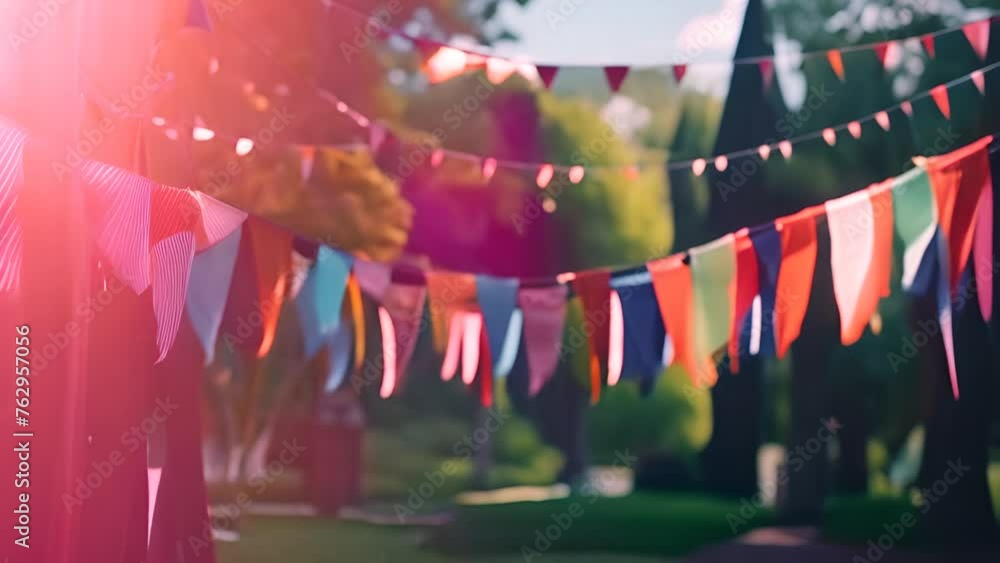 Poster colorful flags hanging from a line generative ai