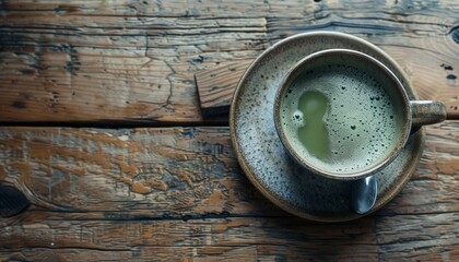 a cup of fresh green matcha latte on a wooden table - obrazy, fototapety, plakaty