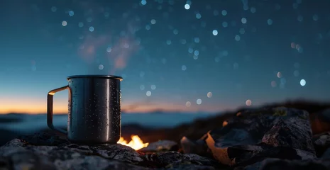 Fotobehang Steaming Coffee in Steel Cup on Mountain Top at Night with Stars. Room for Copy and Text. © VisionVista