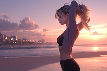 beautiful anime girl in stretching pose, standing on the promenade at the beach. realistic cartoon, digital art style, illustration. generative AI